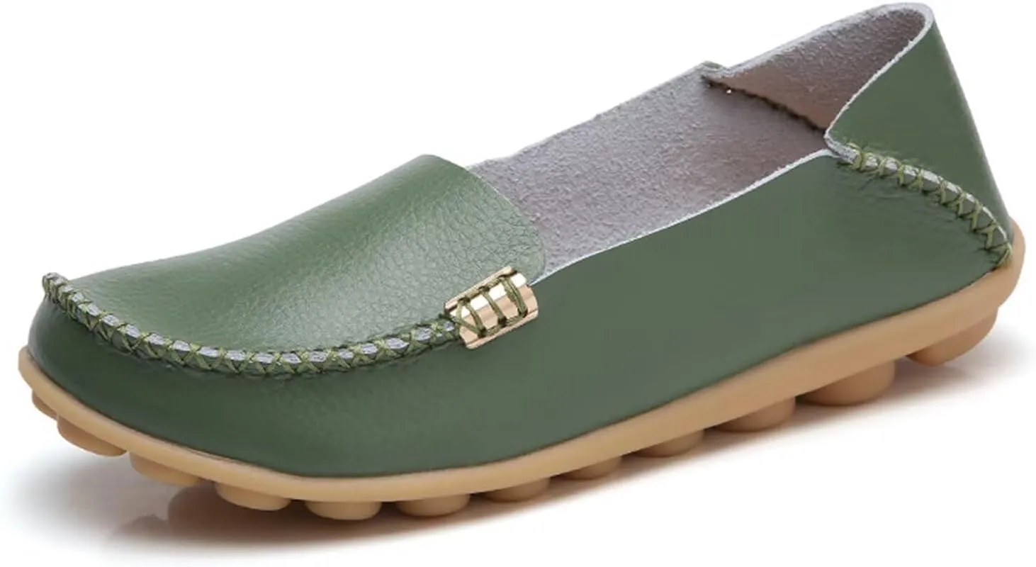 Sunporx Women's Driving Loafers Leather Comfortable Moccasins Breathable Slip On Nurse Loafer Round Toe Wild Walking Fashion Soft Shoes