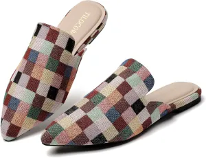 Tilocow Mules for Woman Comfortable Pointed Toe Backless Loafers Flat Mule Business Casual Shoes Slides Slip on