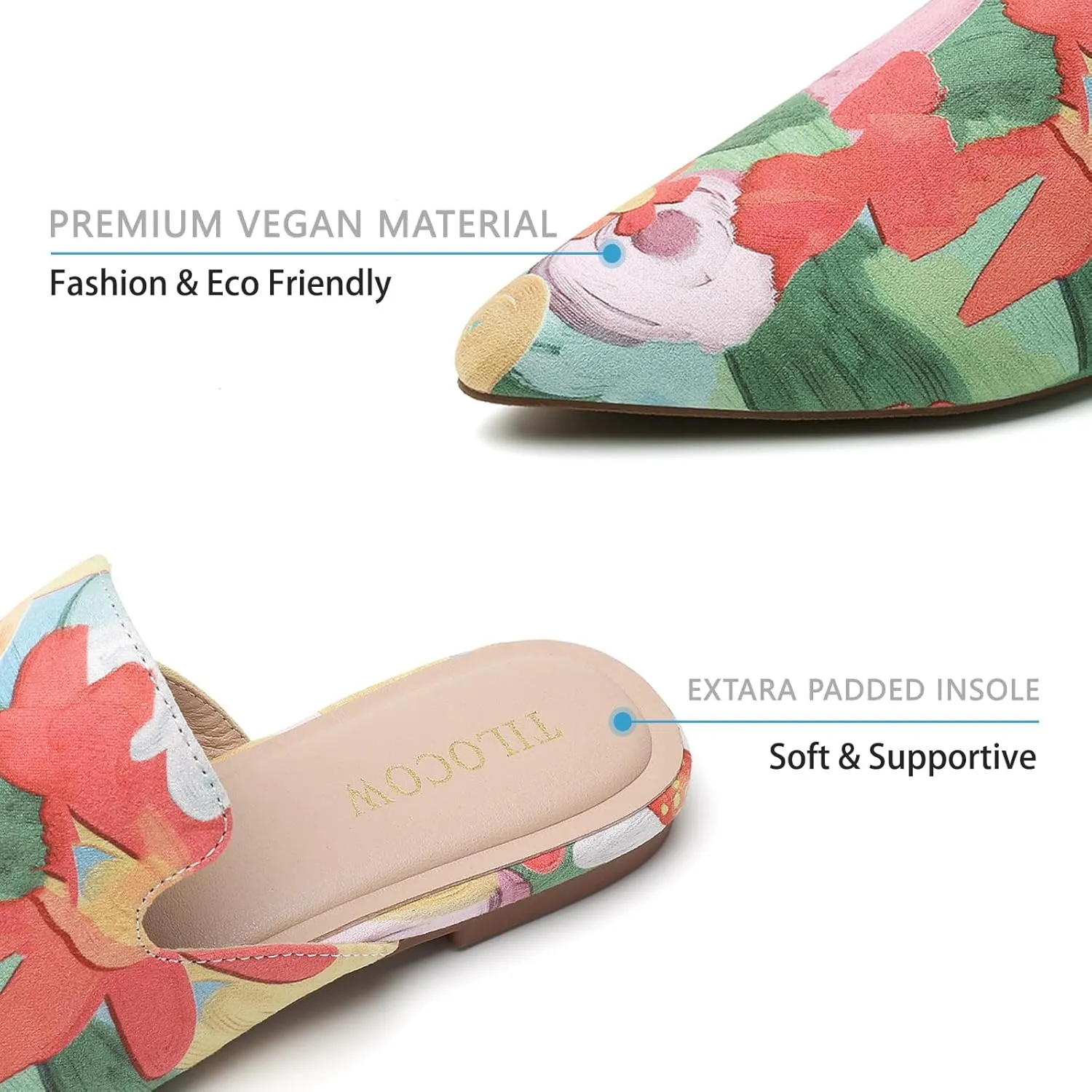 Tilocow Mules for Woman Comfortable Pointed Toe Backless Loafers Flat Mule Business Casual Shoes Slides Slip on