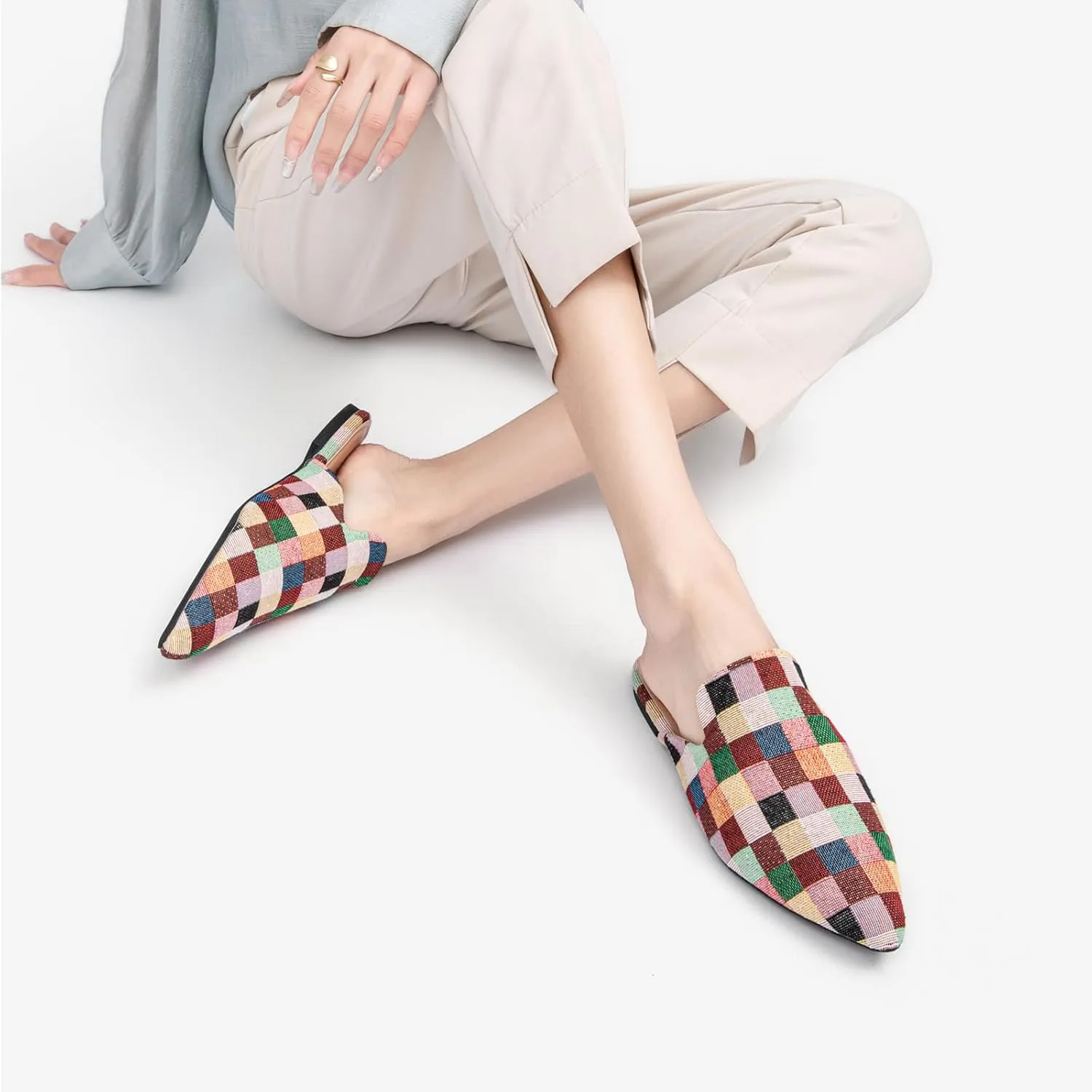 Tilocow Mules for Woman Comfortable Pointed Toe Backless Loafers Flat Mule Business Casual Shoes Slides Slip on