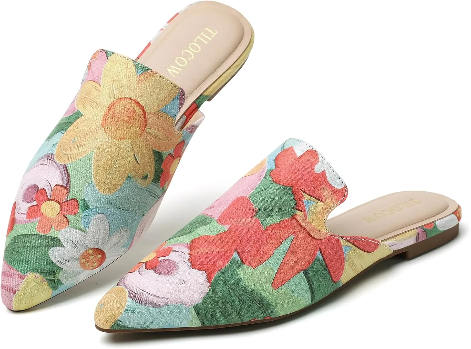 Tilocow Mules for Woman Comfortable Pointed Toe Backless Loafers Flat Mule Business Casual Shoes Slides Slip on