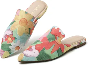 Tilocow Mules for Woman Comfortable Pointed Toe Backless Loafers Flat Mule Business Casual Shoes Slides Slip on