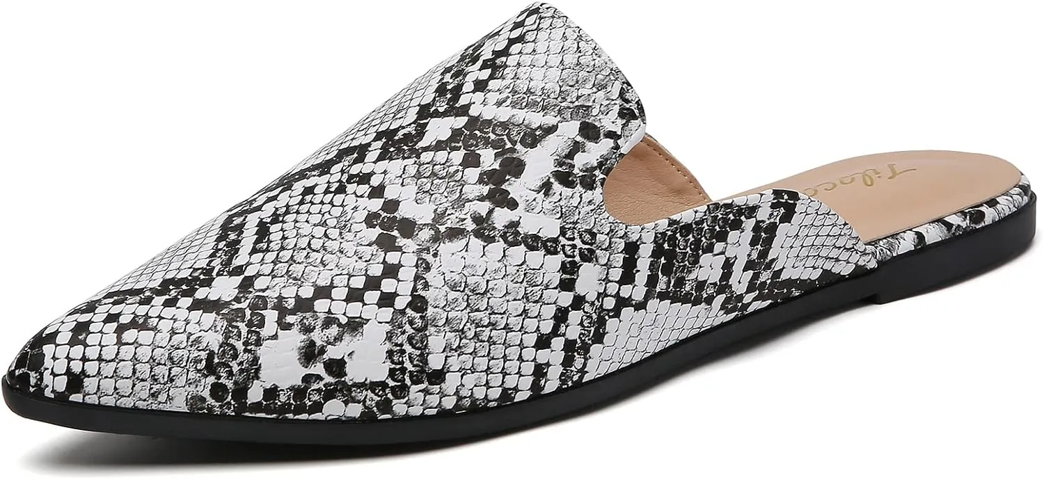 Tilocow Mules for Women Flats Pointed Toe Slip On Backless Loafers Flat Mule Business Casual Shoes Slides