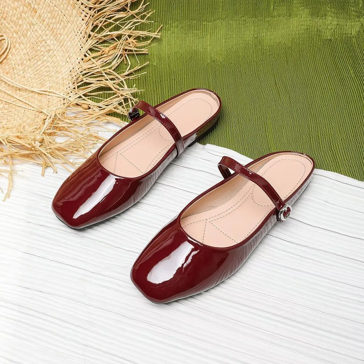 TN TANGNEST Women's Mary Jane Shoes Mules for Women Flats Retro One Line Strap Flats Cute Square Toe Backless Flat Mules