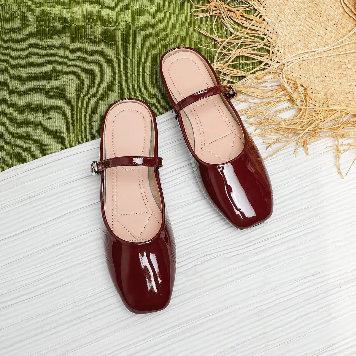 TN TANGNEST Women's Mary Jane Shoes Mules for Women Flats Retro One Line Strap Flats Cute Square Toe Backless Flat Mules