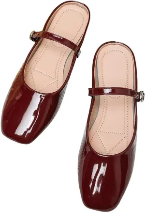 TN TANGNEST Women's Mary Jane Shoes Mules for Women Flats Retro One Line Strap Flats Cute Square Toe Backless Flat Mules