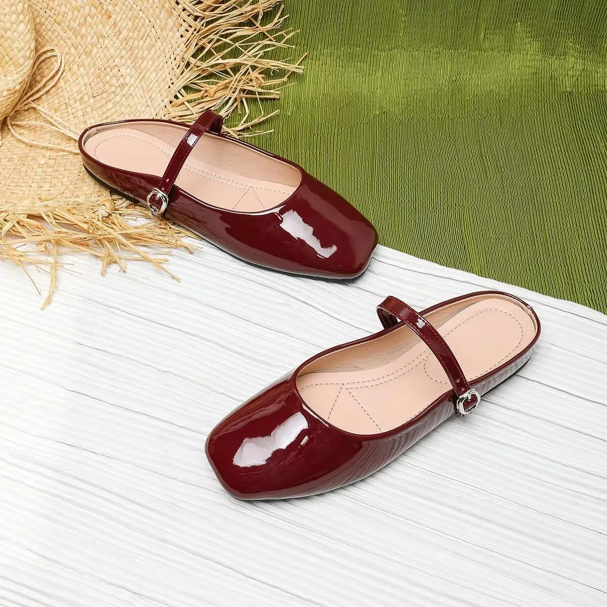 TN TANGNEST Women's Mary Jane Shoes Mules for Women Flats Retro One Line Strap Flats Cute Square Toe Backless Flat Mules