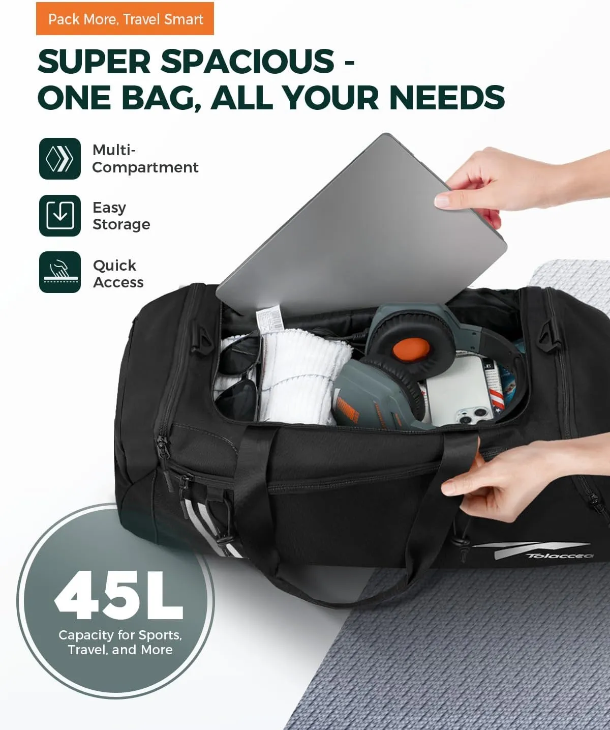 Tolaccea Gym Bags for Men Women, 45L Large Travel Duffel Bags with Shoe Compartment & Wet Pocket, Weekender Overnight Carry On Backpack Duffle Bag for Traveling Sports Workout (Black)