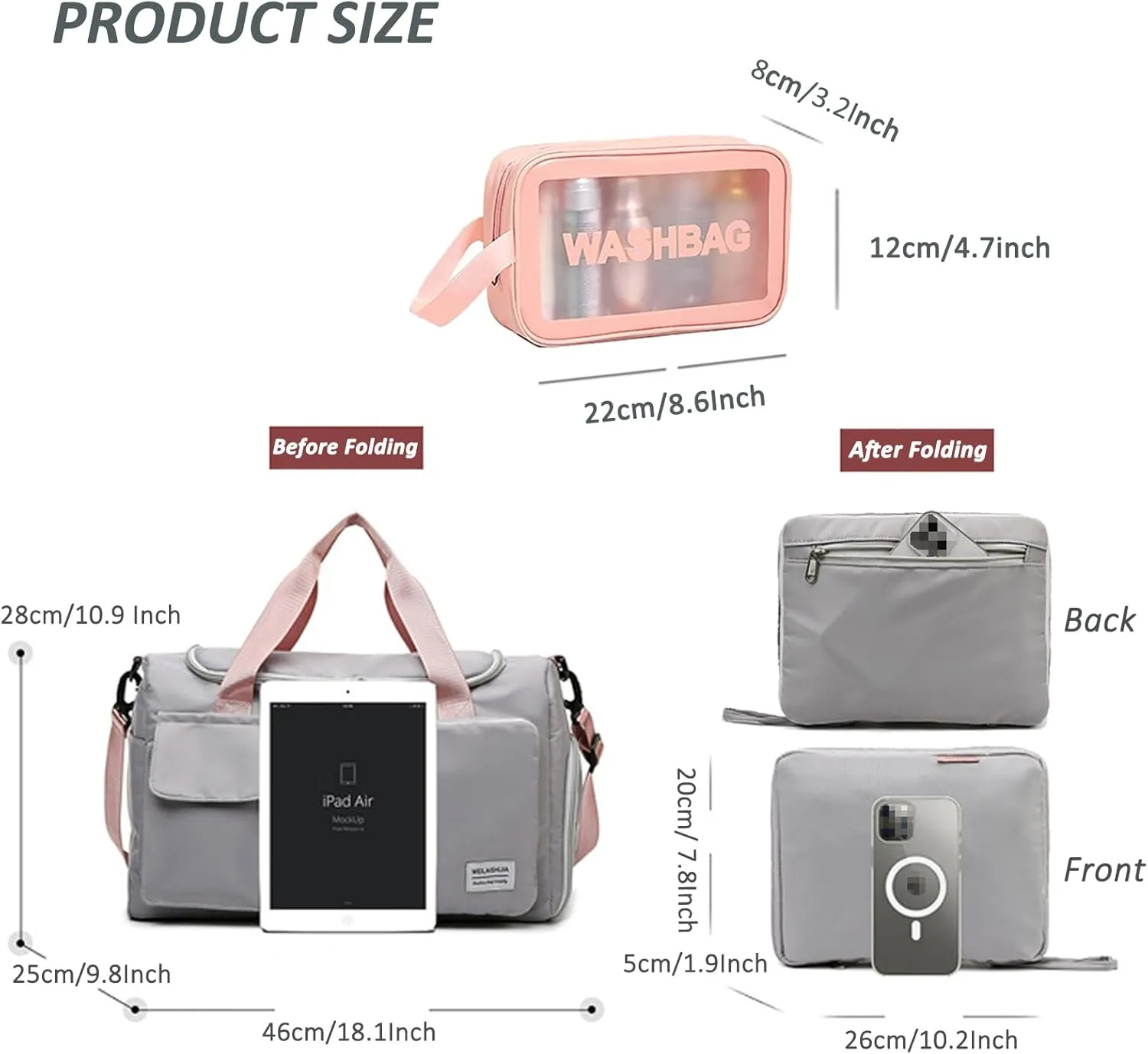 Travel Bag, Large Capacity Folding Travel Bag, Sports Gym Bag with Wet Pocket & Shoes Compartment, Foldable Travel Duffel Bag, Weekender Overnight Bag for Women and Man