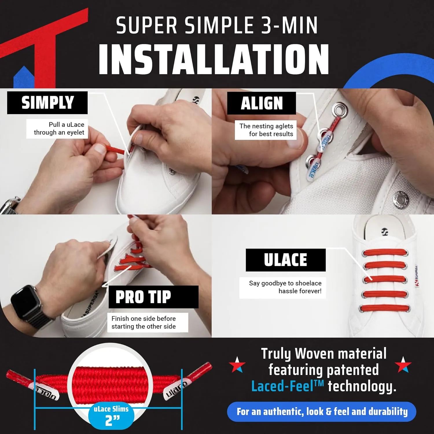 uLace Slims No-Tie Shoelaces - Elastic Shoe Laces for Sneakers | Stretchy, Elastic Laces | Easy Installation - 14 Laces