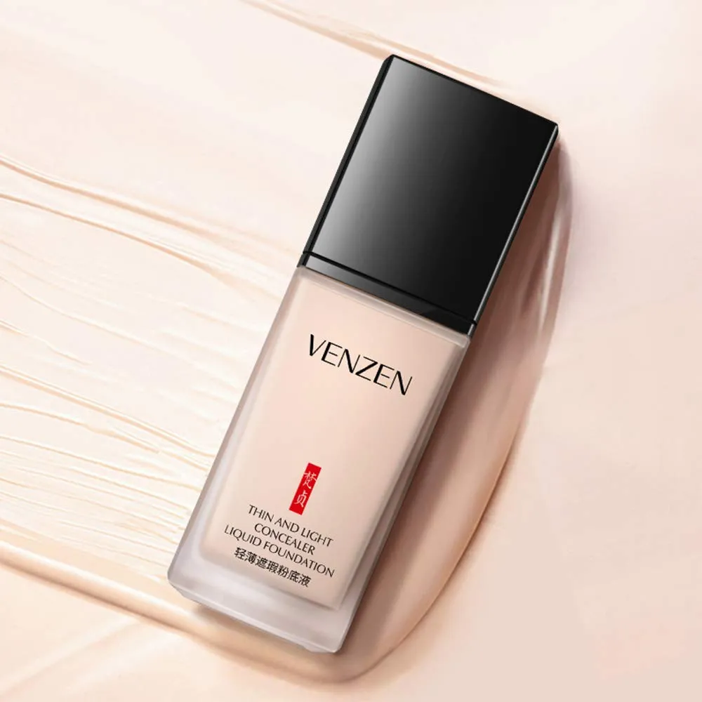 VENZEN Thin Light Concealer Liquid Foundation Waterproof Moisturizing Clear Naked Natural Long-Lasting Soft Texture Rubber Ring Delicate Colors (#02 IVORY (6778))