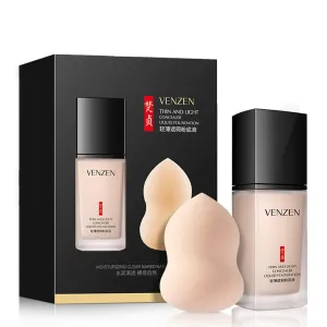 VENZEN Thin Light Concealer Liquid Foundation Waterproof Moisturizing Clear Naked Natural Long-Lasting Soft Texture Rubber Ring Delicate Colors (#02 IVORY (6778))