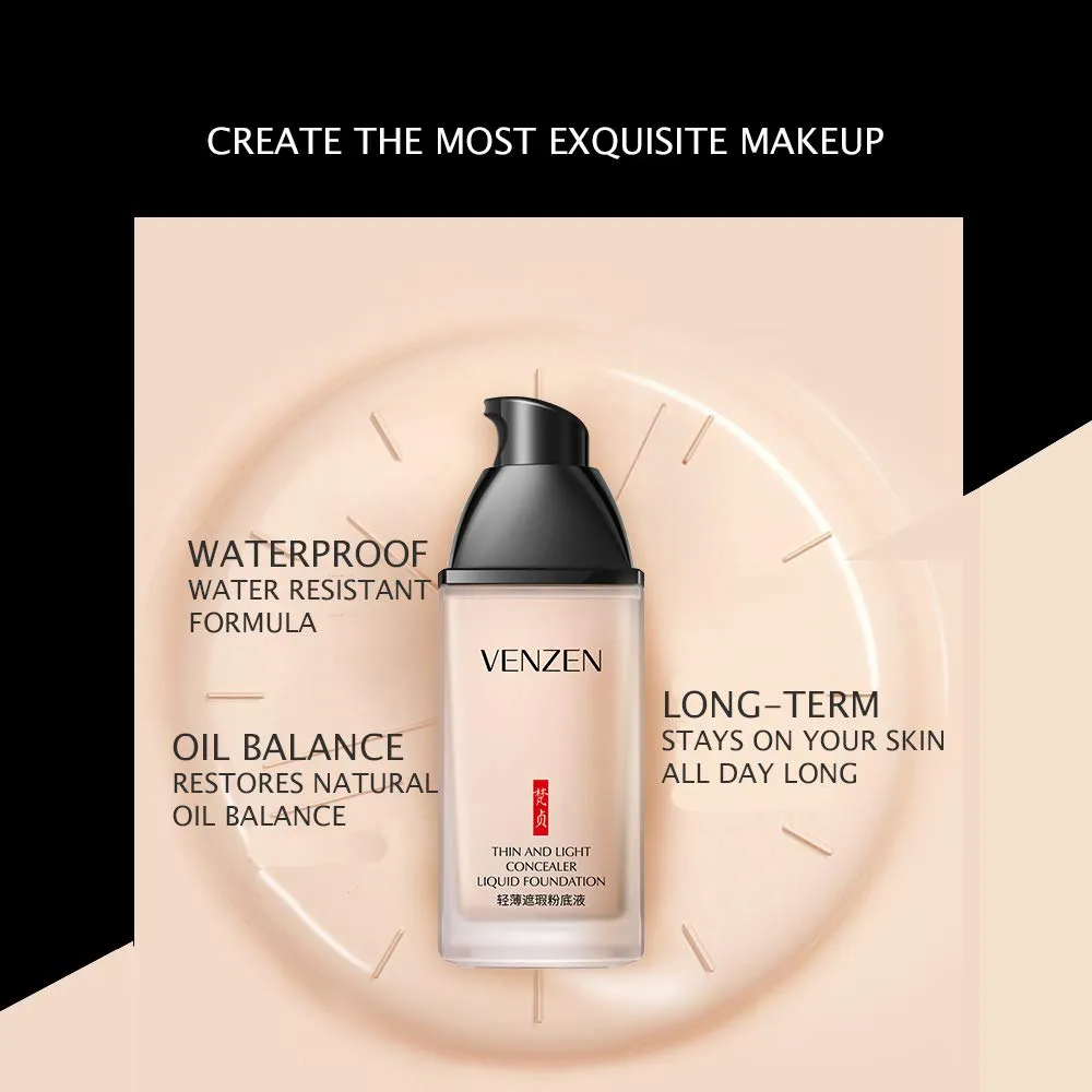 VENZEN Thin Light Concealer Liquid Foundation Waterproof Moisturizing Clear Naked Natural Long-Lasting Soft Texture Rubber Ring Delicate Colors (#02 IVORY (6778))