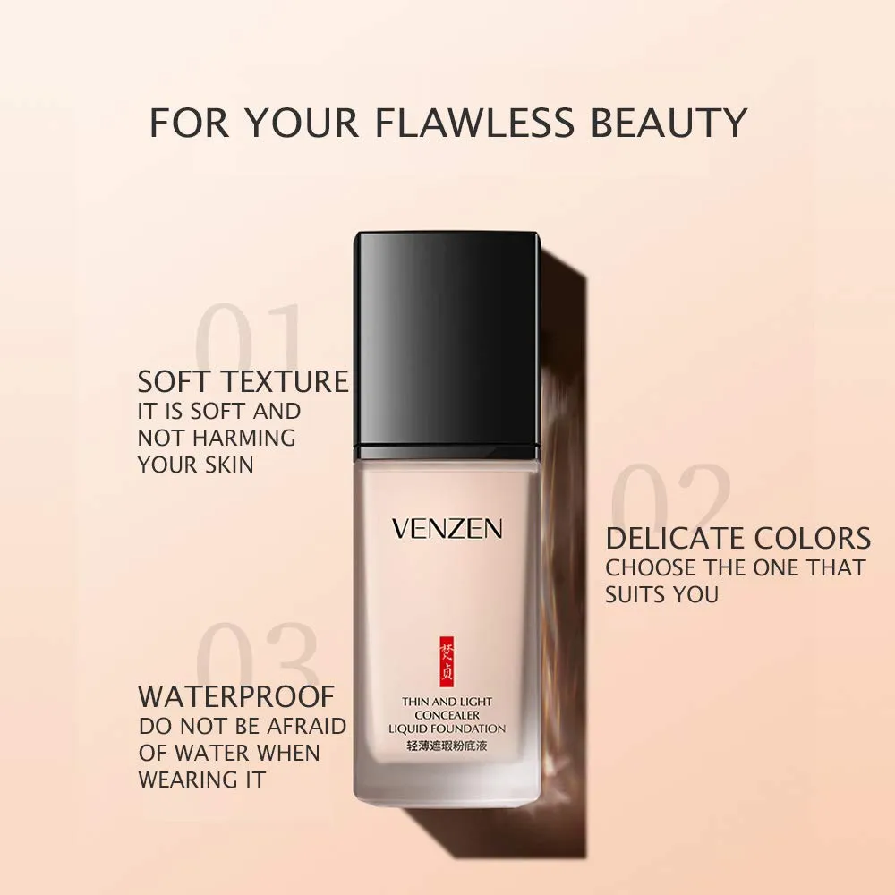 VENZEN Thin Light Concealer Liquid Foundation Waterproof Moisturizing Clear Naked Natural Long-Lasting Soft Texture Rubber Ring Delicate Colors (#02 IVORY (6778))