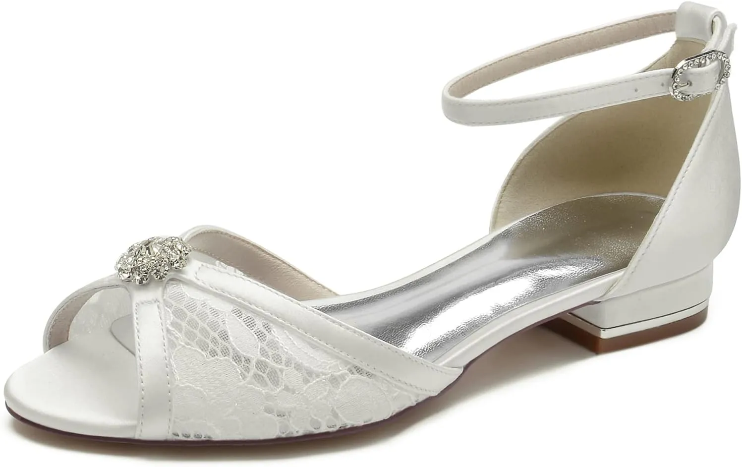 Wedding Dress Shoes for Women Satin eith Lace Bridal Shoes for The Bride Flat Crystal Open Toe Pointed Toe Sandals Pumps Flat