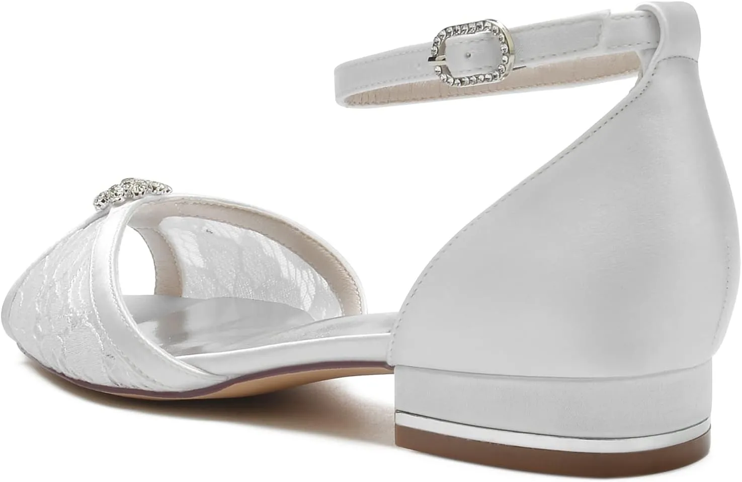 Wedding Dress Shoes for Women Satin eith Lace Bridal Shoes for The Bride Flat Crystal Open Toe Pointed Toe Sandals Pumps Flat