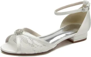 Wedding Dress Shoes for Women Satin eith Lace Bridal Shoes for The Bride Flat Crystal Open Toe Pointed Toe Sandals Pumps Flat