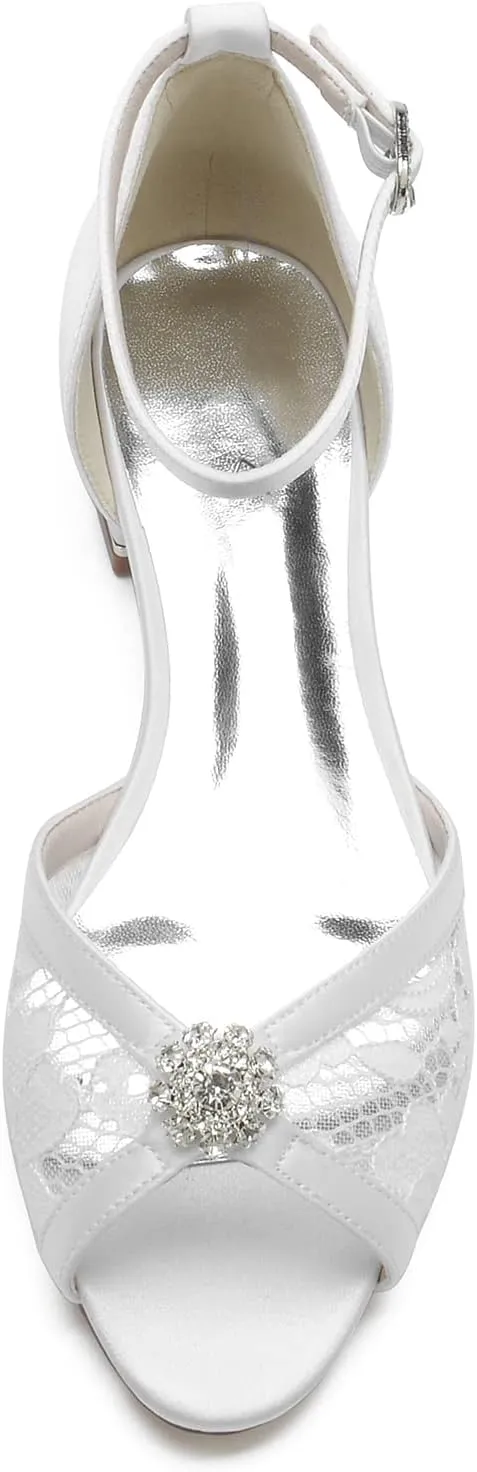 Wedding Dress Shoes for Women Satin eith Lace Bridal Shoes for The Bride Flat Crystal Open Toe Pointed Toe Sandals Pumps Flat