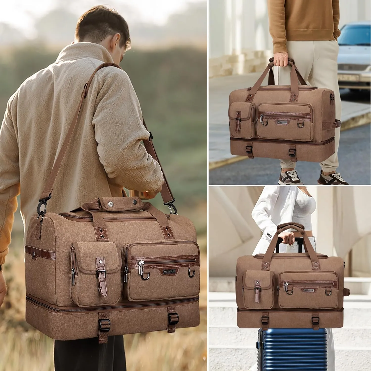 WITZMAN Canvas Weekender Bag Mens Overnight Bag for Traveling Carry on Duffle Bags with Shoes Compartment（A8010 Brown）