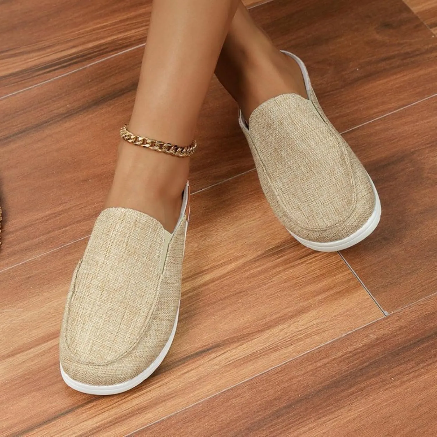 Women Canvas Slip On Lightweight Mule Sneaker Summer Fashion Open Back Flats Walking Shoes Closed Round Toe Low Top Casual Loafer Comfort Walking Sandals