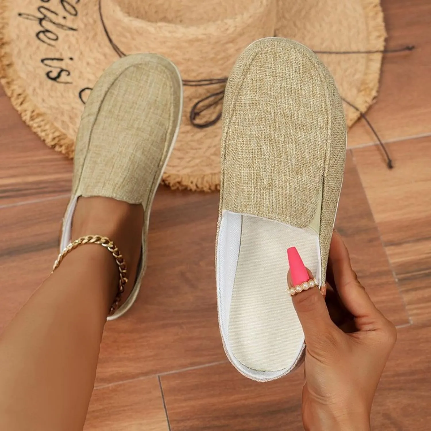 Women Canvas Slip On Lightweight Mule Sneaker Summer Fashion Open Back Flats Walking Shoes Closed Round Toe Low Top Casual Loafer Comfort Walking Sandals