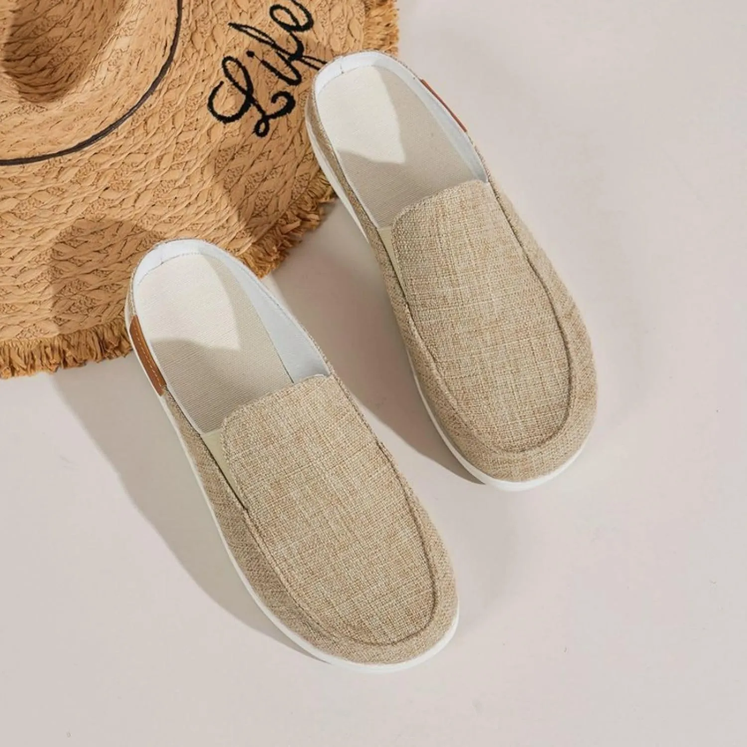 Women Canvas Slip On Lightweight Mule Sneaker Summer Fashion Open Back Flats Walking Shoes Closed Round Toe Low Top Casual Loafer Comfort Walking Sandals