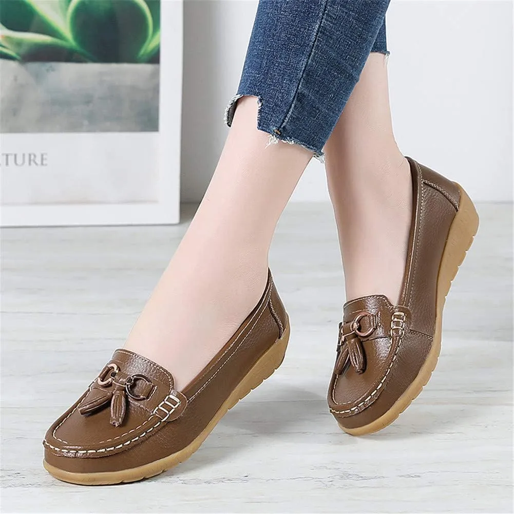 Women Loafers Leather Rubber Sole Slip On Walking Flats Casual Moccasin Boat Shoes