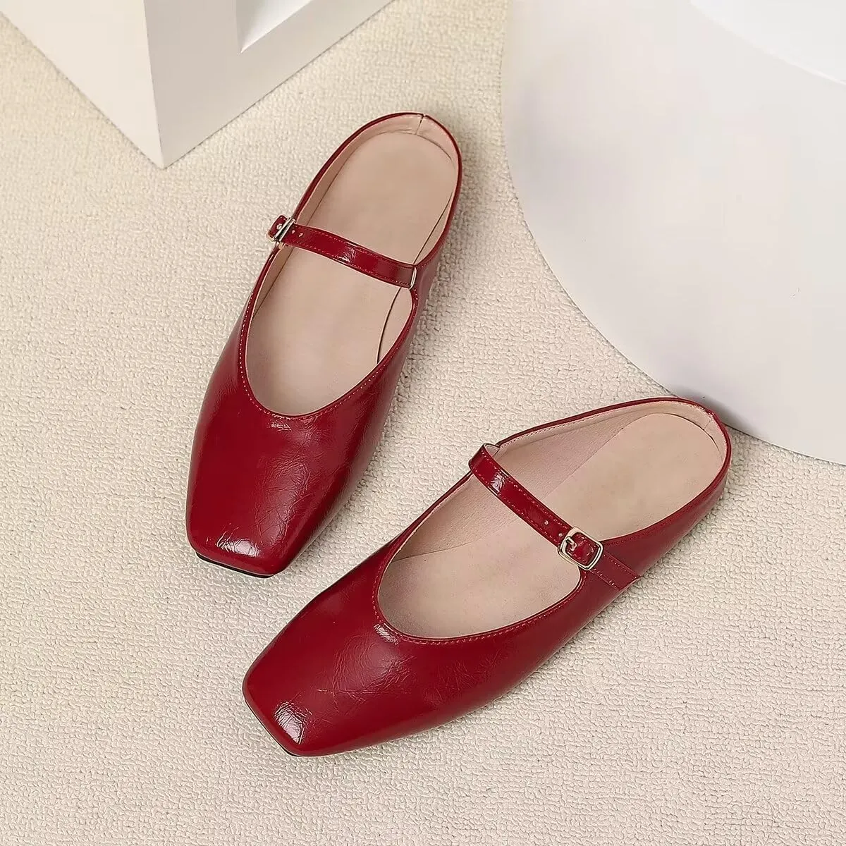 Women Mules Elegant Dressy Flats Closed Toe Microfiber Leather Shoes Adjustable Buckle Strap Mary Jane Casual Office Shoes