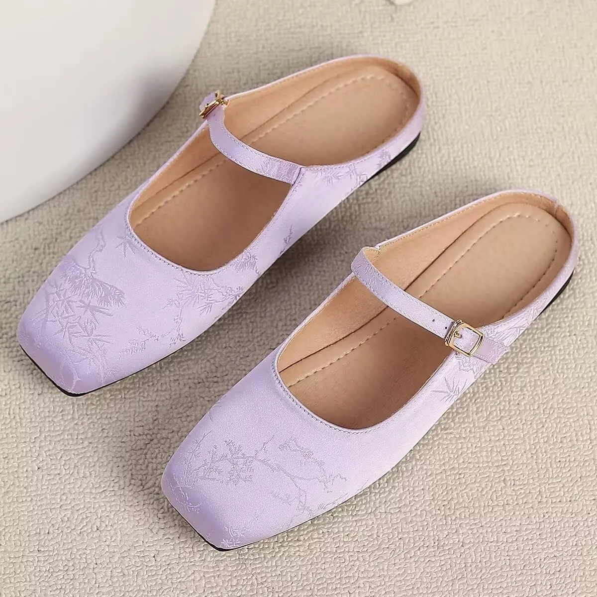 Women Mules Elegant Dressy Flats Closed Toe Microfiber Leather Shoes Adjustable Buckle Strap Mary Jane Casual Office Shoes