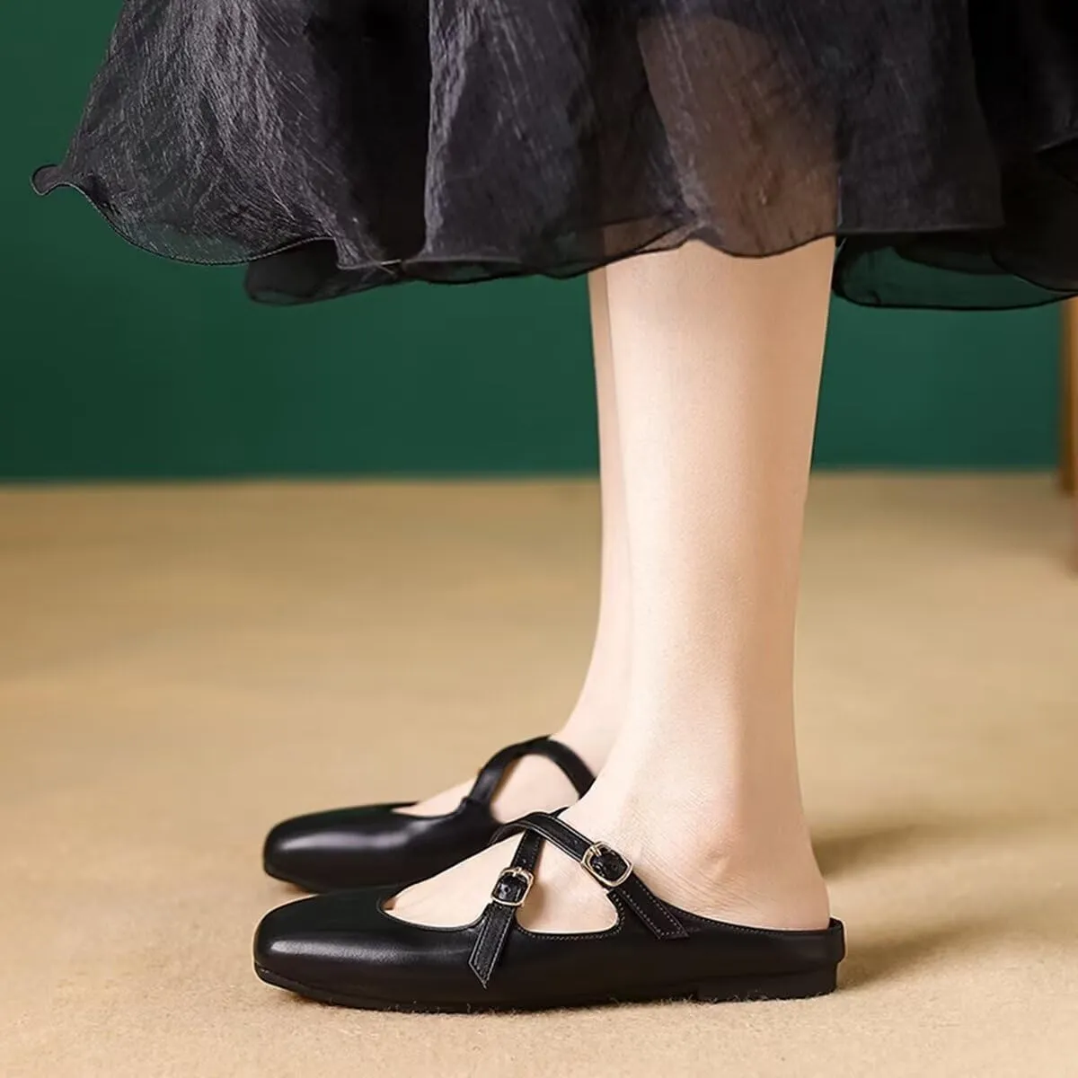 Women Mules Elegant Dressy Flats Closed Toe Microfiber Leather Shoes Adjustable Buckle Strap Mary Jane Casual Office Shoes