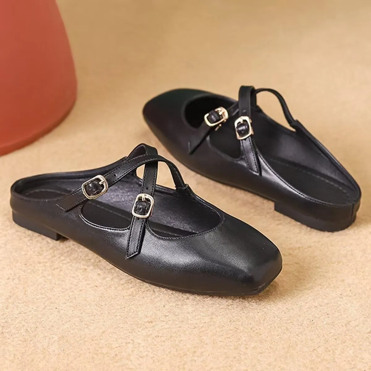 Women Mules Elegant Dressy Flats Closed Toe Microfiber Leather Shoes Adjustable Buckle Strap Mary Jane Casual Office Shoes
