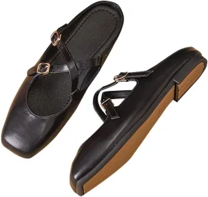 Women Mules Elegant Dressy Flats Closed Toe Microfiber Leather Shoes Adjustable Buckle Strap Mary Jane Casual Office Shoes
