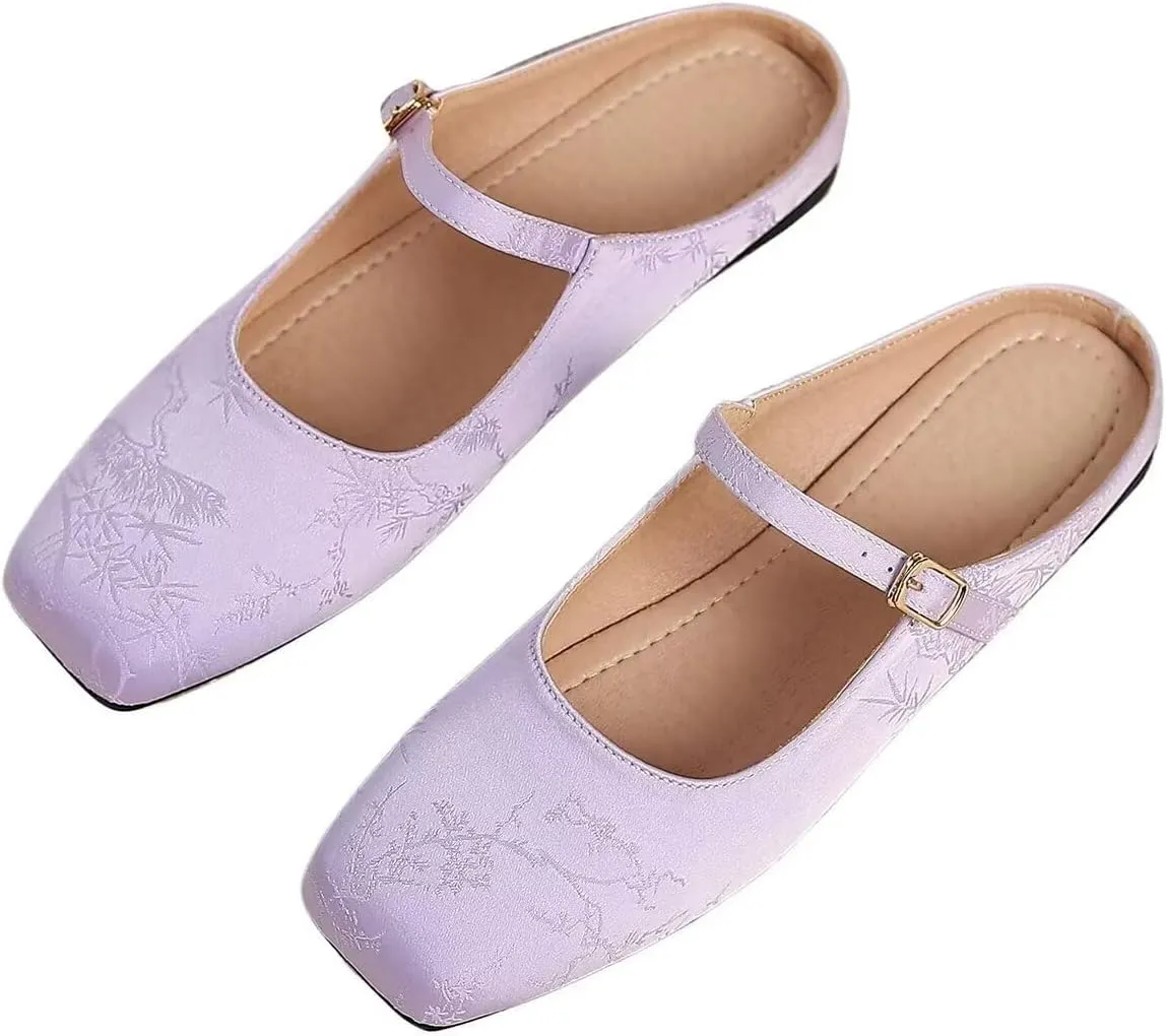 Women Mules Elegant Dressy Flats Closed Toe Microfiber Leather Shoes Adjustable Buckle Strap Mary Jane Casual Office Shoes