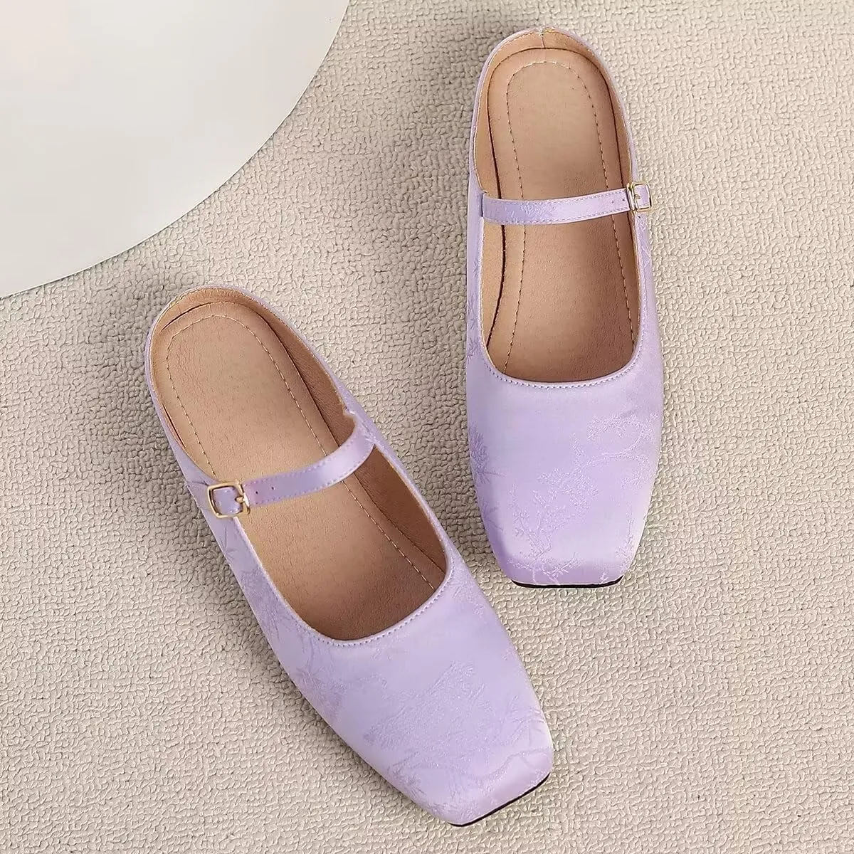 Women Mules Elegant Dressy Flats Closed Toe Microfiber Leather Shoes Adjustable Buckle Strap Mary Jane Casual Office Shoes