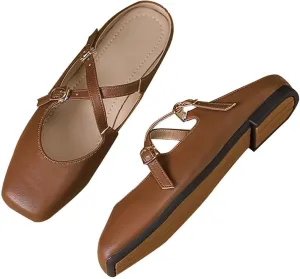 Women Mules Elegant Dressy Flats Closed Toe Microfiber Leather Shoes Adjustable Buckle Strap Mary Jane Casual Office Shoes