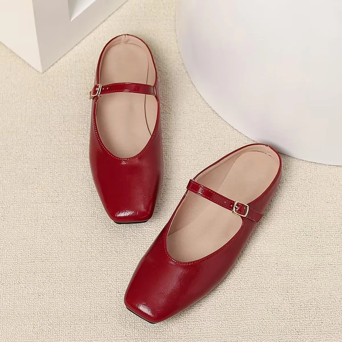 Women Mules Elegant Dressy Flats Closed Toe Microfiber Leather Shoes Adjustable Buckle Strap Mary Jane Casual Office Shoes