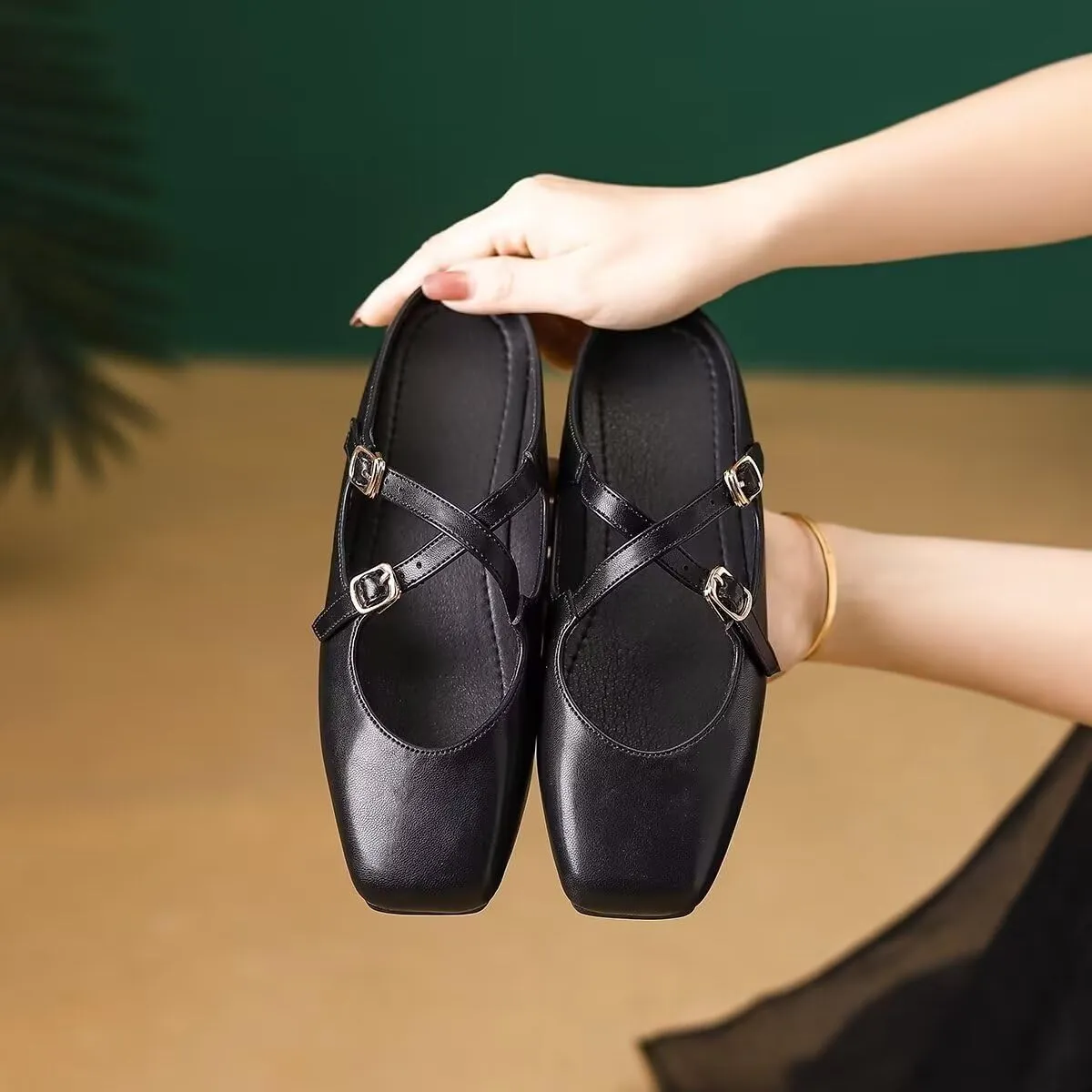 Women Mules Elegant Dressy Flats Closed Toe Microfiber Leather Shoes Adjustable Buckle Strap Mary Jane Casual Office Shoes
