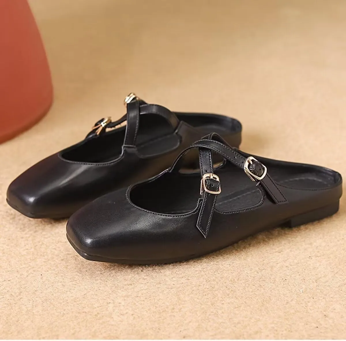 Women Mules Elegant Dressy Flats Closed Toe Microfiber Leather Shoes Adjustable Buckle Strap Mary Jane Casual Office Shoes