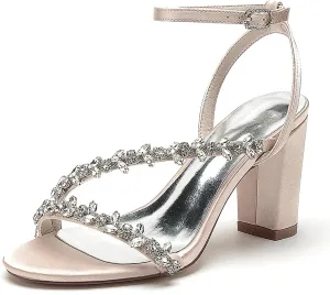 Women's Beaded Crystal Wedding Sandals for Bride Block Heeled Pumps with Heels Chunky Heel Slingback Bridal Dress Shoes Bridesmaids