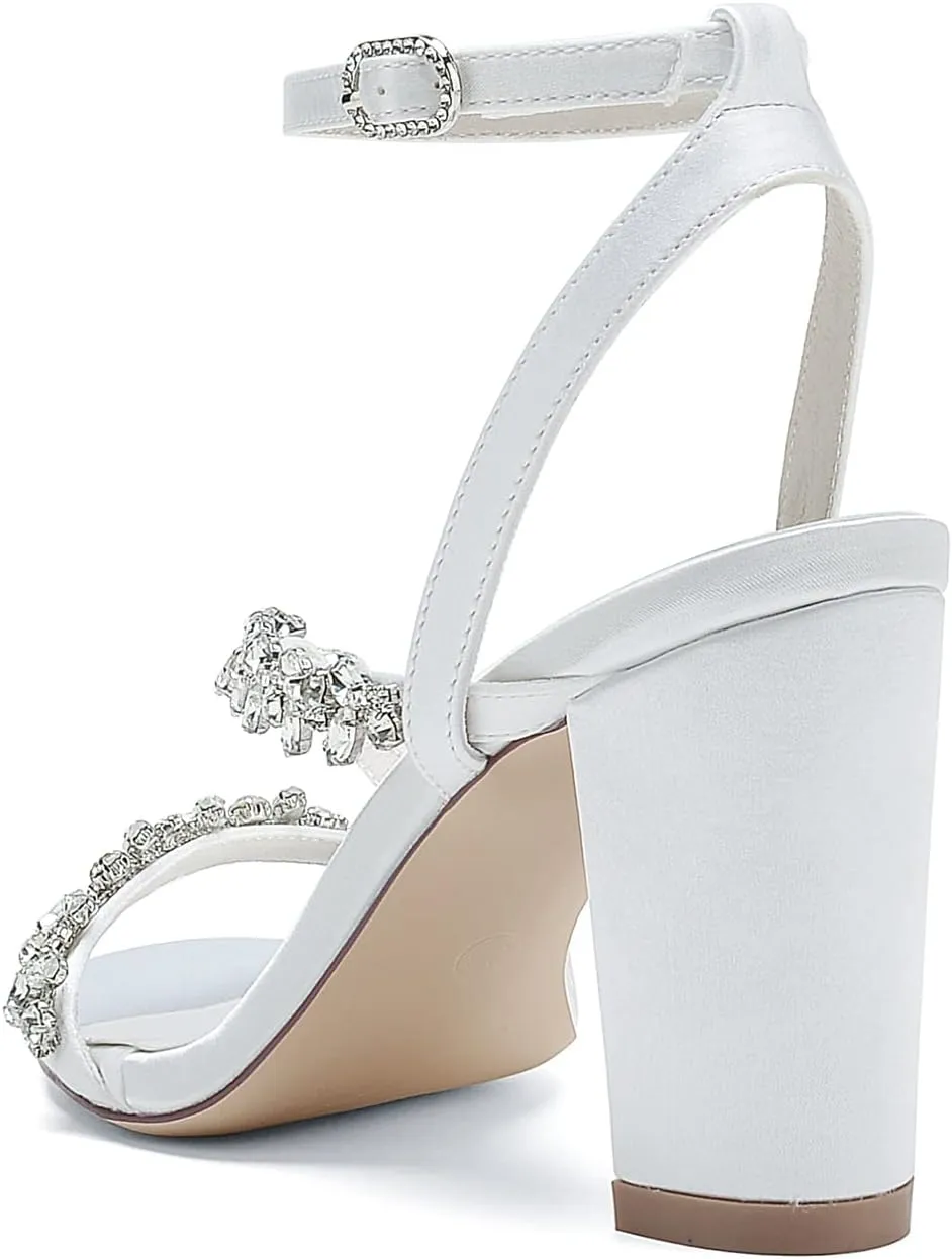 Women's Beaded Crystal Wedding Sandals for Bride Block Heeled Pumps with Heels Chunky Heel Slingback Bridal Dress Shoes Bridesmaids