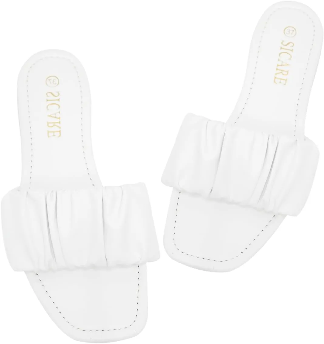 Women's Flat Sandals Comfortable Casual Square Open Toe Slide Sandals Trendy Flexiable Strap Summer Beach Sandals Cute Slip On Dressy Mlue Black White Nude Sandals