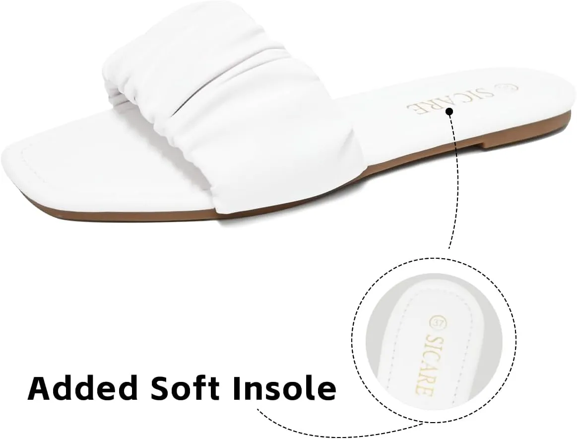 Women's Flat Sandals Comfortable Casual Square Open Toe Slide Sandals Trendy Flexiable Strap Summer Beach Sandals Cute Slip On Dressy Mlue Black White Nude Sandals