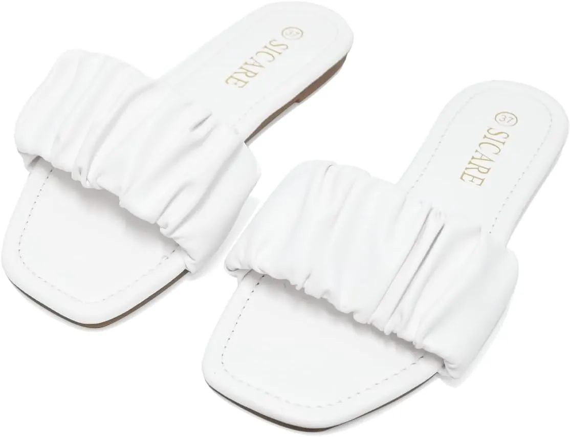 Women's Flat Sandals Comfortable Casual Square Open Toe Slide Sandals Trendy Flexiable Strap Summer Beach Sandals Cute Slip On Dressy Mlue Black White Nude Sandals