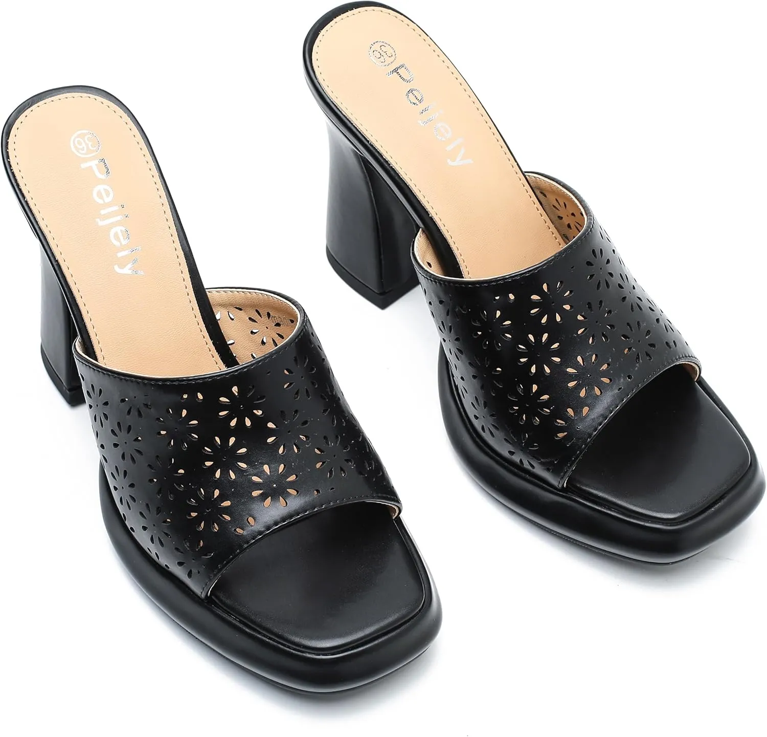 Womens Hollow Out Platform Heels Flower Square Toe High Chunky Heeled Mule Dress Party Sandals