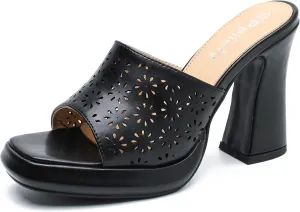 Womens Hollow Out Platform Heels Flower Square Toe High Chunky Heeled Mule Dress Party Sandals