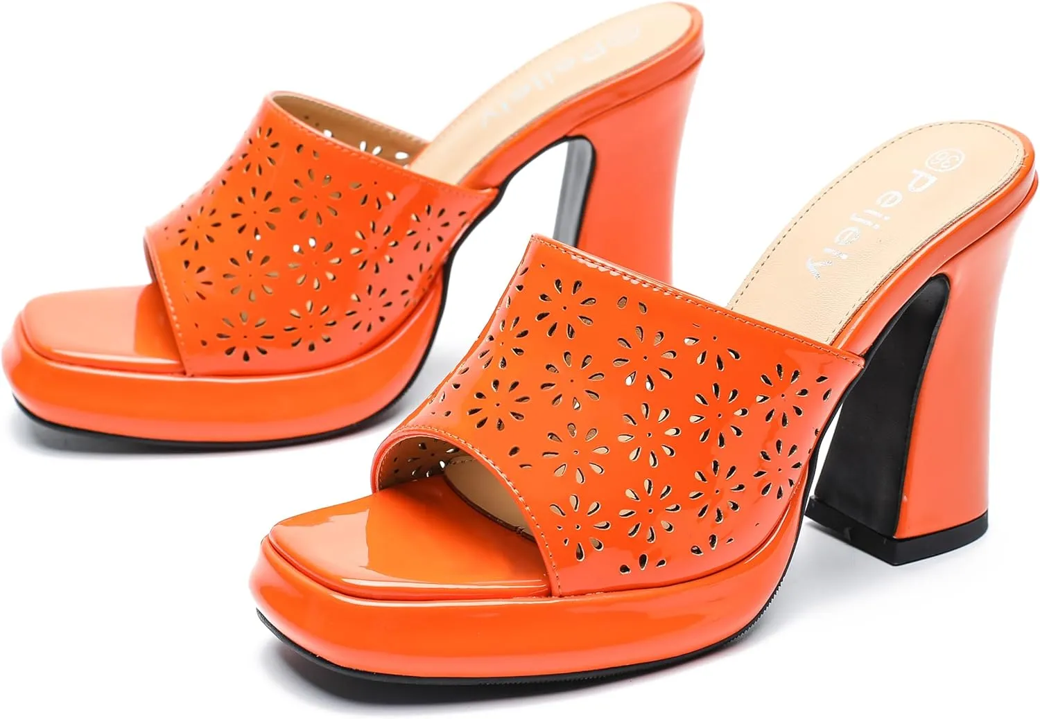 Womens Hollow Out Platform Heels Flower Square Toe High Chunky Heeled Mule Dress Party Sandals