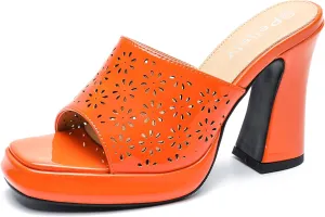 Womens Hollow Out Platform Heels Flower Square Toe High Chunky Heeled Mule Dress Party Sandals