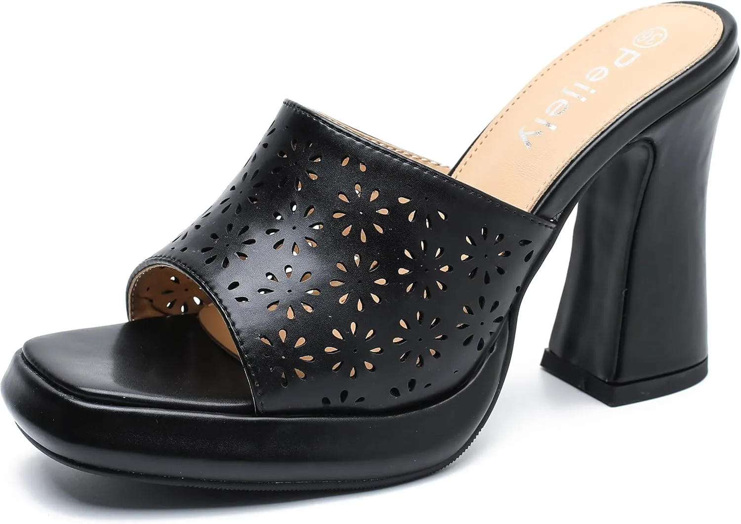 Womens Hollow Out Platform Heels Flower Square Toe High Chunky Heeled Mule Dress Party Sandals