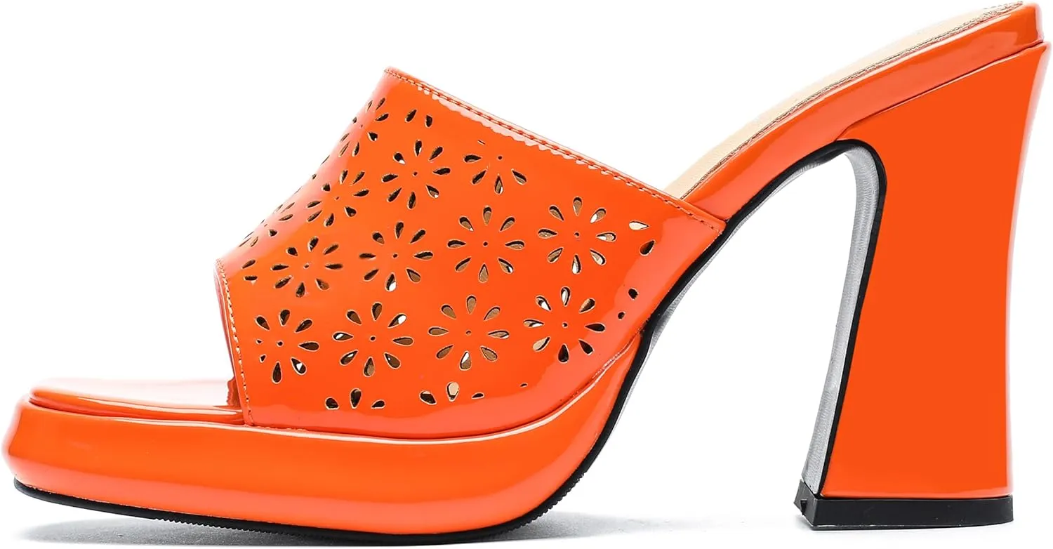 Womens Hollow Out Platform Heels Flower Square Toe High Chunky Heeled Mule Dress Party Sandals