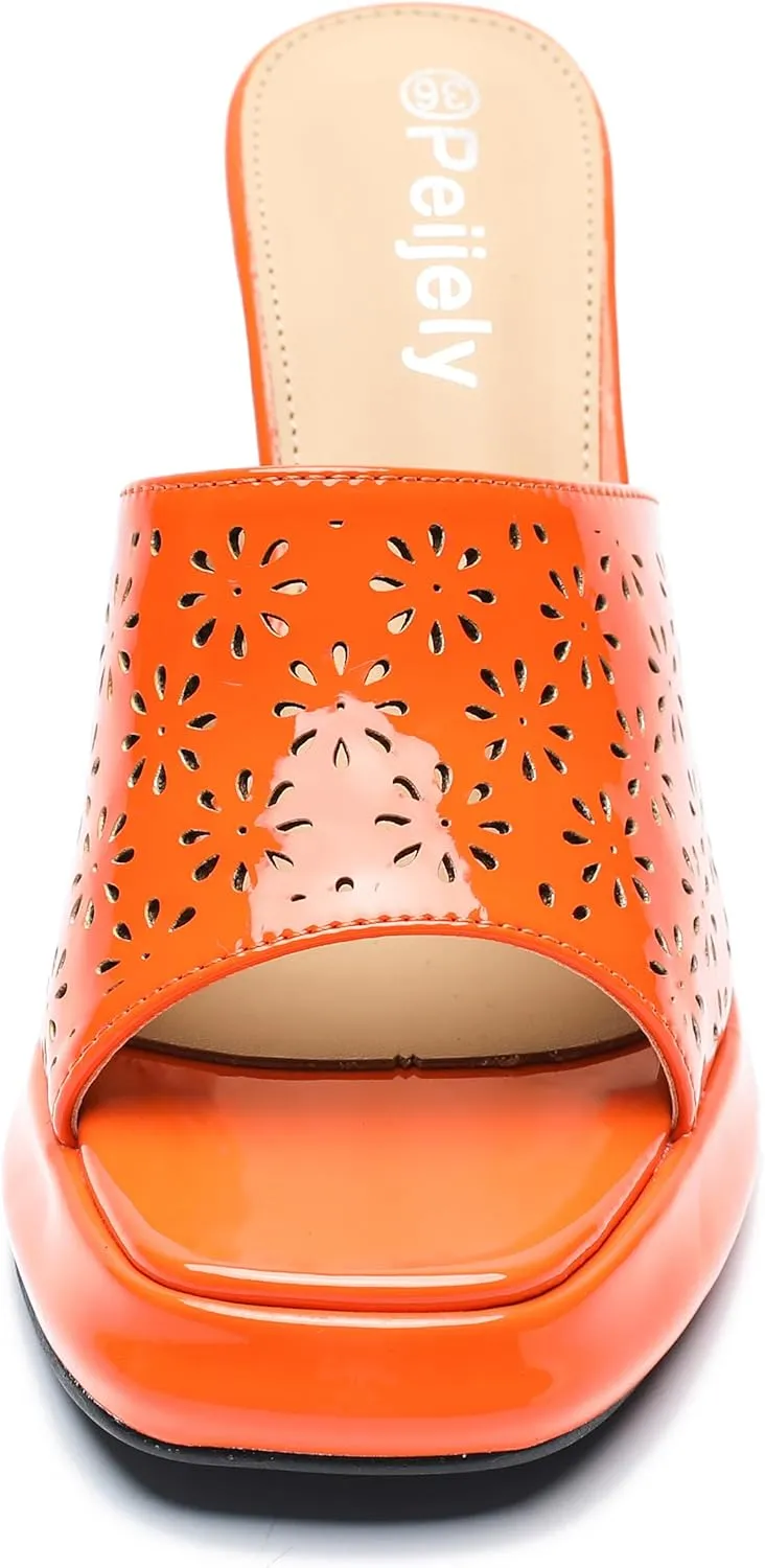 Womens Hollow Out Platform Heels Flower Square Toe High Chunky Heeled Mule Dress Party Sandals